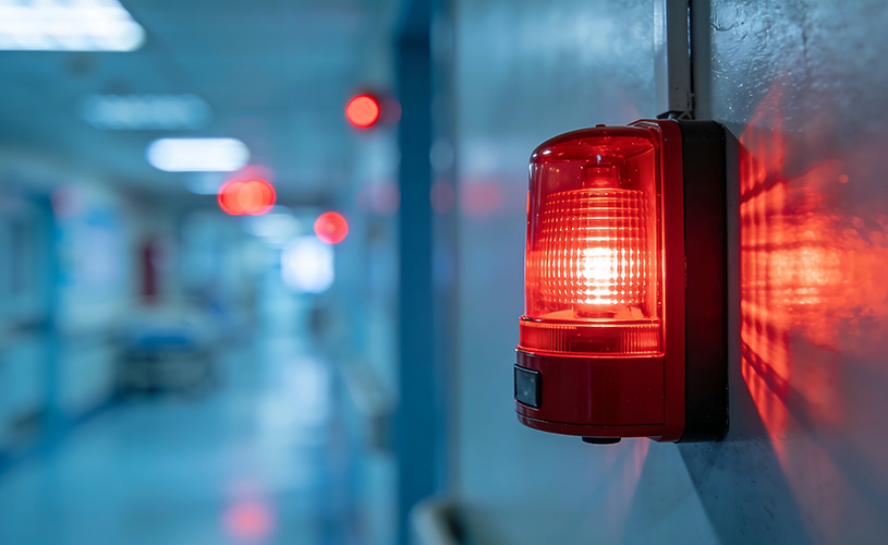 Rot blinkendes Warnlicht einer Alarmierungseinrichtung im Gebäudeflur, überwacht von einem zentralen Stromversorgungssystem nach DIN EN 50171